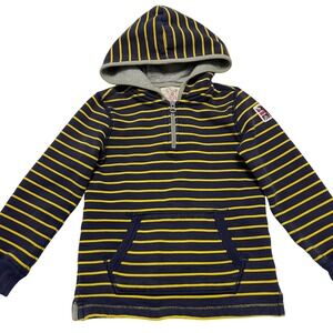 Mini Boden Boys Hoodie Sweatshirt Pullover 5-6Y Striped Fleece Lined Navy Yellow